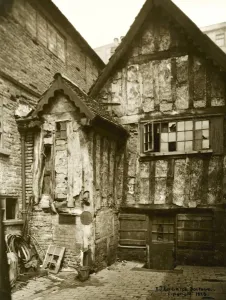 Prints of Marsh Farm House, Red Lion Street, Nottingham. A timber-framed house photographed in 1925 by Alfred John Loughton Historic Images 1920s To 1940s Prints: Medieval Nottingham Print: Timber-framed house on Red Lion Street, 1925