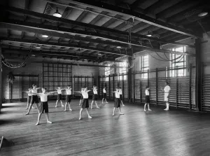 Prints of Merchant Taylors School, Northwood, Hertfordshire. Physical Education in the gymnasium. Photographed by Marshall Keene and Company between 1933 and 1939 Historic Images 1920s To 1940s Prints: Merchant Taylors School Gymnasium Print