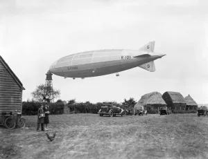 Prints of R101 at Cardington, Bedfordshire, 1929. Built 1926-30 at the Royal Airship Works at Cardington, the final test flight was 1st October 1930 Transport and Waterways in England - Railways, Canals and Roads: Print of R101 airship at Cardington, Bedfordshire in 1929