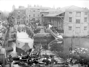 Bridges – River Crossings and Engineering Structures: Print of Salter Brothers boatyard launch scene, Oxford