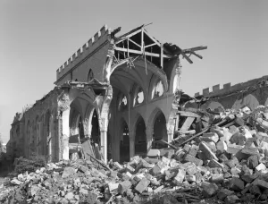 Prints of EXETER, Devon.The remains of St Sidwells Church on Sidwell Street after bomb damage during the Exeter blitz, photographed by Margaret Tomlinson in 1942 Exeter Prints: Print of St Sidwells Church, Exeter 1942