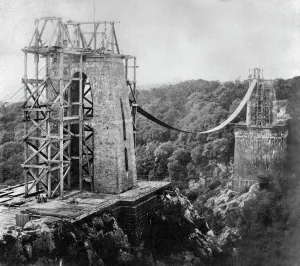 Print of Clifton Suspension Bridge under construction in November 1863