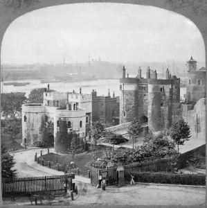 Prints of TOWER OF LONDON, London. A view of the western approach to the Tower, including the two gatehouses Middle Tower and Byward Tower, both built by Edward I in the late 13th century Victoriana Prints: Tower of London Print, 1868