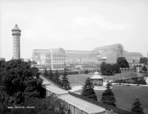 Print of Crystal Palace from the south east, showing grounds and gardens