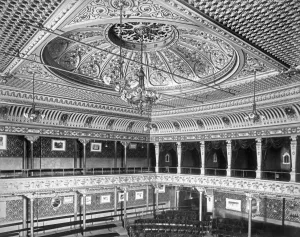 Victorian Architecture - Buildings, Streets and Landmarks: Print of the Empire Music Hall's Auditorium Ceiling and Gallery in 1891