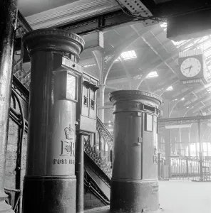 Railway Prints: Print of two post boxes and a stamp dispenser at Liverpool Street Station