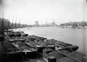 Transport and Waterways in England - Railways, Canals and Roads: River Thames Print: Vauxhall Bridge and Battersea Power Station