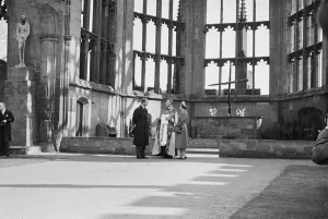 Print of the Queen and Duke at Coventry Cathedral Ruins