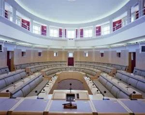 Prints of Epping Civic Offices, High Street, Epping, Epping Forest, Essex. An interior view of the council chamber in the newly completed Epping Civic Offices Engineering And Construction Prints: Epping Civic Offices Council Chamber Print