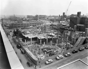 Prints of CIS BUILDING, COOPERATIVE INSURANCE SOCIETY TOWER, MILLER STREET, MANCHESTER. Looking north-east over the Co-operative Insurance Society (CIS) Engineering And Construction Prints: Co-operative Insurance Society Tower Construction Print