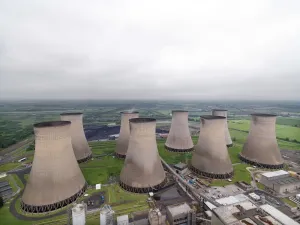 Prints of Coal and Oil Fired Power Stations: Cottam Power Station, Outgang Lane, Retford, Nottinghamshire. General view of cooling towers from top of the stack, view from west Nottinghamshire Prints: Cottam Power Station Cooling Towers Print