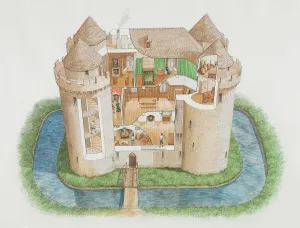 Nunney Castle Print: Aerial Cutaway Reconstruction Drawing