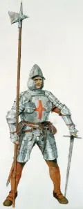 Prints of BATTLE OF FLODDEN FIELD, Northumberland. Reconstruction drawing of a English soldier, with poleaxe and sword, wearing armour at the Battle of Flodden, 1513 by Ivan Lapper Northumberland Prints: Print of an English soldier at the Battle of Flodden Field