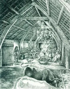 Prints of WHARRAM PERCY MEDIEVAL VILLAGE, North Yorkshire. Reconstruction drawing by Peter Dunn (English Heritage Graphics Team) showing a peasant house in the 13th to 15th centuries North Yorkshire Prints: Medieval Peasant House Print, 13th-15th Centuries