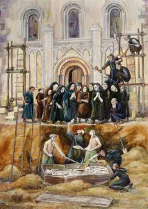 Prints of GLASTONBURY ABBEY, Somerset. Exhumation of Arthur and Guinivere 1193 by Judith Dobie (English Heritage Graphics Team) Somerset Prints: Glastonbury Abbey Exhumation Print J920413