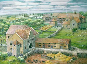 Prints of THORNHOLME PRIORY, Humberside. Gatehouse and west precinct as it may have been in mid-14th century by Judith Dobie (English Heritage Graphics Team) Humberside Prints: Thornholme Priory Print, 14th-century illustration