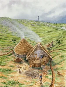 Prints of BREAN DOWN, Somerset. Reconstruction drawing of Bronze Age huts, by Peter Dunn (English Heritage Graphics Team) Somerset Prints: Reconstruction Print of Bronze Age Huts at Brean Down
