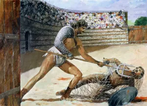 Prints of SILCHESTER ROMAN CITY WALLS AND AMPHITHEATRE, Hampshire. Gladiators. Reconstruction drawing by Ivan Lapper Hampshire Prints: Roman Gladiators Print, Silchester Amphitheatre