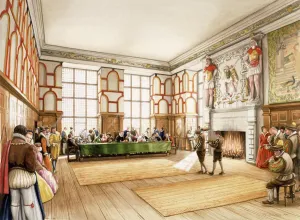 Prints of HARDWICK OLD HALL, Derbyshire. Reconstruction drawing by Peter Urmston. Bess of Hardwick entertaining in the Great Chamber c1590 Derbyshire Prints: Reconstruction Print of Hardwick Old Hall