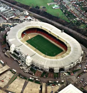 Prints of WEMBLEY STADIUM, London. Aerial view of the old sports ground. Wembley hosted several games including the final of the 1966 football World Cup Related Prints: Wembley Stadium Print: Aerial View of the Old Ground