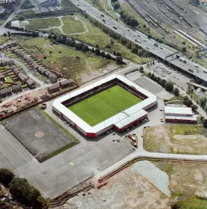 Prints of Walsall Football Club Bescot Football Stadium, Walsall, West Midlands, 1992 West Midlands Prints: Bescot Stadium Print, 1992 Aerial Photograph