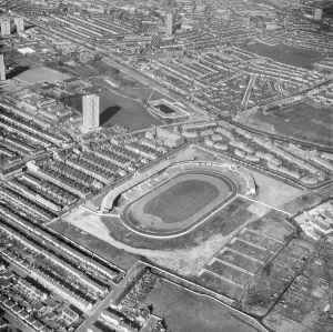 Prints of West Ham Stadium, Prince Regent Lane, Custom House, Greater London, 1971. Built in 1928 West Ham Stadium was a greyhound racing and speedway track Greater London Prints: West Ham Stadium Print, 1971 Black and White Photograph