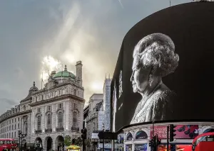 Prints of Death of Queen Elizabeth II; April 1926 - 8 September 2022. Piccadilly Circus 9th September 2022, Soho, Westminster, Greater London. The day after the Queen's death Royalty Prints: Print of Piccadilly Circus tribute to Queen Elizabeth II