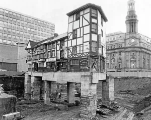 Print of the Wellington Inn on stilts, Manchester