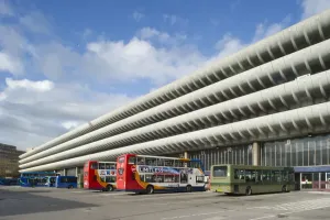 Prints of Preston Bus Station, Tithebarrn Street, Preston. The west elevation with buses in bays of the bus station. Photographed in April 2011 Brutalist Architecture Prints: Print of Preston Bus Station's west elevation with buses in bays