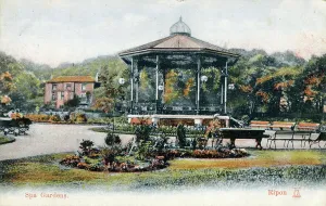 Prints of Spa Gardens, Bandstand, Ripon, Harrogate, North Yorkshire. Postcard produced by Woolstone Brothers, 1903-1908. From the Nigel Temple postcard collection Ripon Prints: Spa Gardens Print, 1903-1908