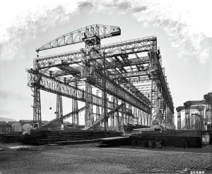 Prints of The Arrol Gantry and crane at Harland and Wolff Heavy Industries shipyard on Queens Island, Belfast, Northern Ireland Industry and Agriculture in England - Factories, Farming and Production: Print of the Arrol Gantry at Harland and Wolff Shipyard, Belfast