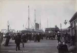 Print of a crowded Landing Stage in Liverpool, circa 1890-1910