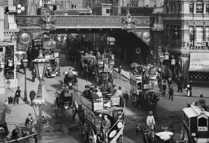 Prints of LUDGATE CIRCUS, City of London. A busy street view of Ludgate Circus with horse-drawn buses in the foreground and a steam train on the bridge Victoriana Prints: Ludgate Circus Print, a late 19th-century photograph of London