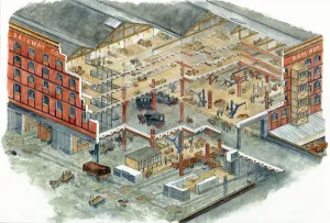 Prints of Cut-away reconstruction drawing by Allan T Adams of the Great Northern Railway Companys Goods Warehouse, Deansgate, Manchester Industry and Agriculture in England - Factories, Farming and Production: Great Northern Warehouse Print, Cut-away Reconstruction Drawing
