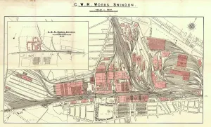 Prints of Map of Swindon Works showing the offices, workshops and tracks around the site. The inset box depicts the comparison between the site in 1846 and the site in the 1940s Artwork And Documents Prints: Swindon Works Map Print 1940