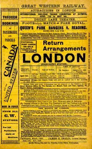 Prints of Advertising Easter Tuesday Excursion to London Paddington on April 13th 1909. Lists details of football match at Park Royal between QPR and Reading Artwork And Documents Prints: Great Western Railway Excursion Print, 1909