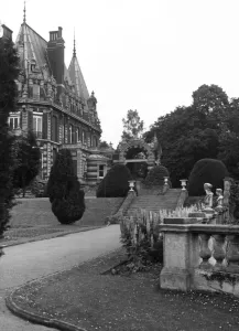 Prints of A GWR Publicity view of the Terrace Gardens and the Impney Hotel, Droitwich in Worcestershire, c.1930 Industrialist Prints: Impney Hotel Print, c.1930: French Chateau Style Building in Worcestershire