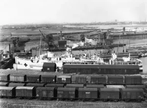 Print of SS St Julien as a hospital ship at Newport Docks, c. 1940