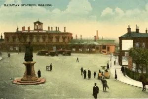 Prints of Colour postcard showing the 1860 building with clock tower. The statue of King Edward VII an be seen in the forground Artwork And Documents Prints: Colour Print of Reading Station Clock Tower, 1910