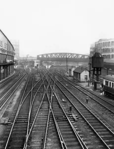 Vintage Railway Stations UK Prints: The approach to Paddington Station, c. 1940