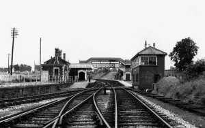 Prints of A view of Hallatrow Station and Signalbox in Somerset, c.1940s. The station opened in September 1873 at High Littleton, about a mile north of the village of Hallatrow Somerset Station Prints: Hallatrow Station Print, c.1940s, Black and White Photograph