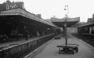Prints of A bustling scene at Yeovil Town Station taken in the late 1950 s Somerset Station Prints: Yeovil Town Station Print, c. 1950s Black and White Photograph