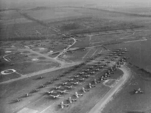 Prints of Handley Page Halifax glider tugs lined up with Hamilcar and Horsa gliders, Tarrant Rushton, 12 October 1944 World War I Prints: Tarrant Rushton Print: Glider Tugs and Aircraft