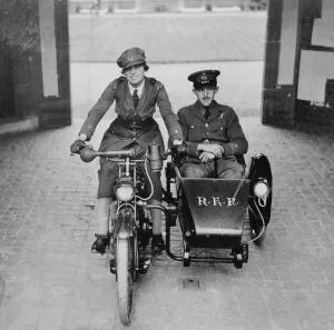 World War Two Prints: RAF and WRAF Print: World War Two Airwoman on Motorcycle with RAF Officer