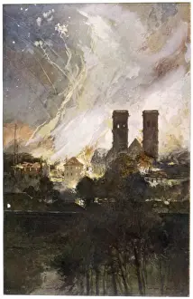 Print of Verdun in Flames after German Artillery Bombardment