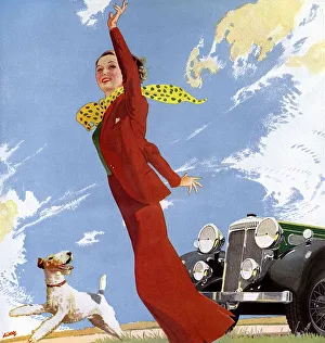 1930s woman walking dog - Daimler car 1930s woman walking dog - Daimler car