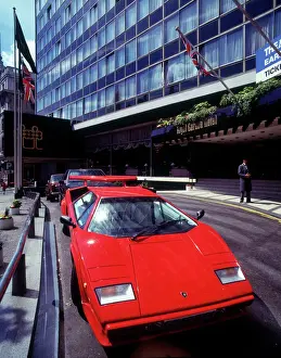 Prints of Lamborghini Countach outside the Royal Garden Hotel by Kensington Gardens, London in 1986 Date: 1986 Kensington Gardens Prints: 1986 Lamborghini Countach Print, Kensington Gardens, London