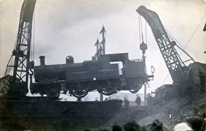 Early 20th Century Railways Prints: 2-4-2 Tank Engine Suspended by Cranes, Rochdale, Lancashire