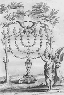 7-Branch Candlestick Print: Golden Menorah with Seven Branches