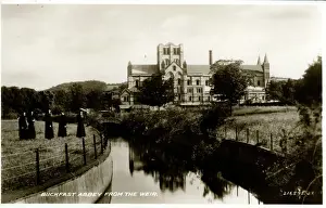 Prints of The Abbey from the Weir, Buckfast, Buckfastleigh, near Torquay, Devon, England. Date: 1920s Buckfast Prints: The Abbey from the Weir, Buckfast Print, Devon England 1920s
